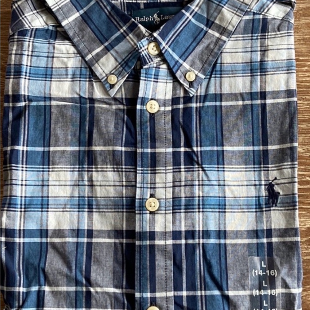 Ralph Lauren boys size large 14-15 plaid blue short sleeve camp shirt